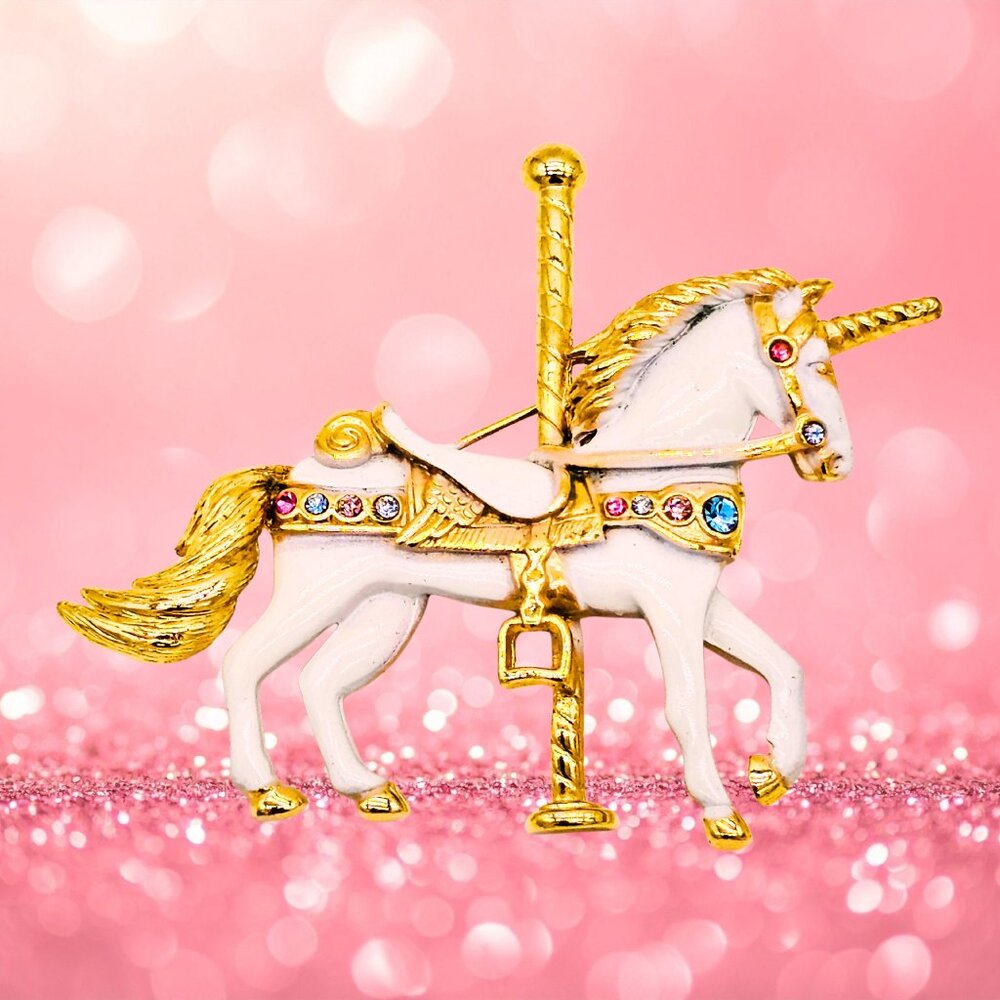 VTG Carousel Unicorn Brooch – White Enamel, Gold-Tone & Multi-Color Rhinestones - Picture 3 of 7